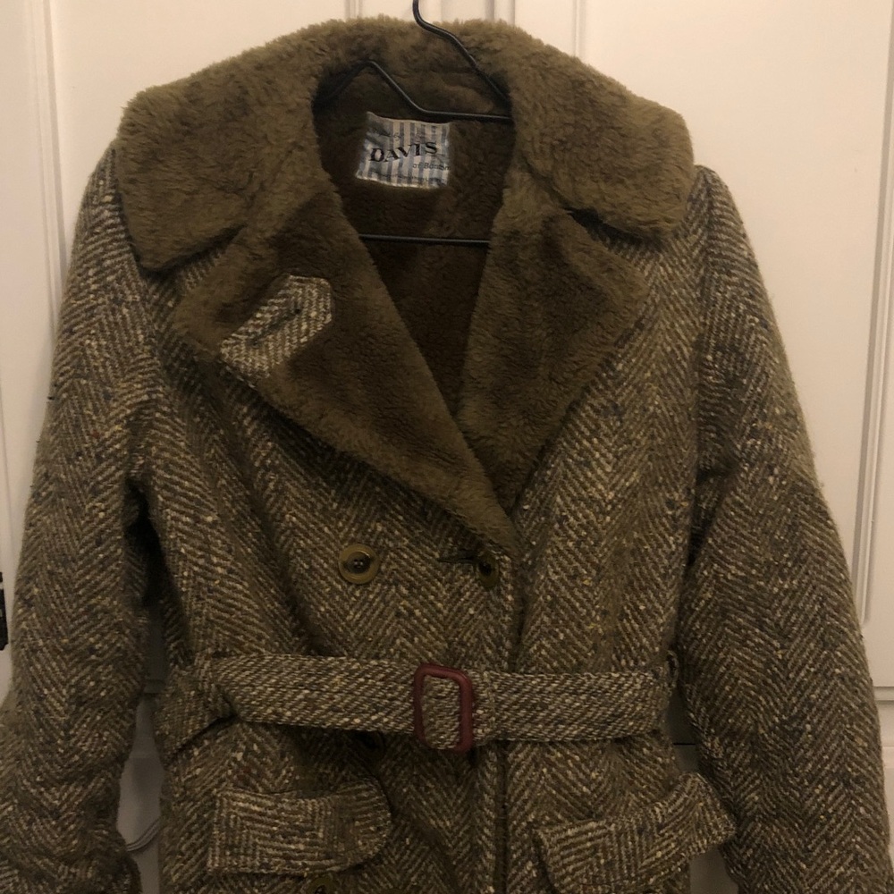 Oasis Olive Brown Teddy Jacket with Belt Davis of Boston green Cottage core